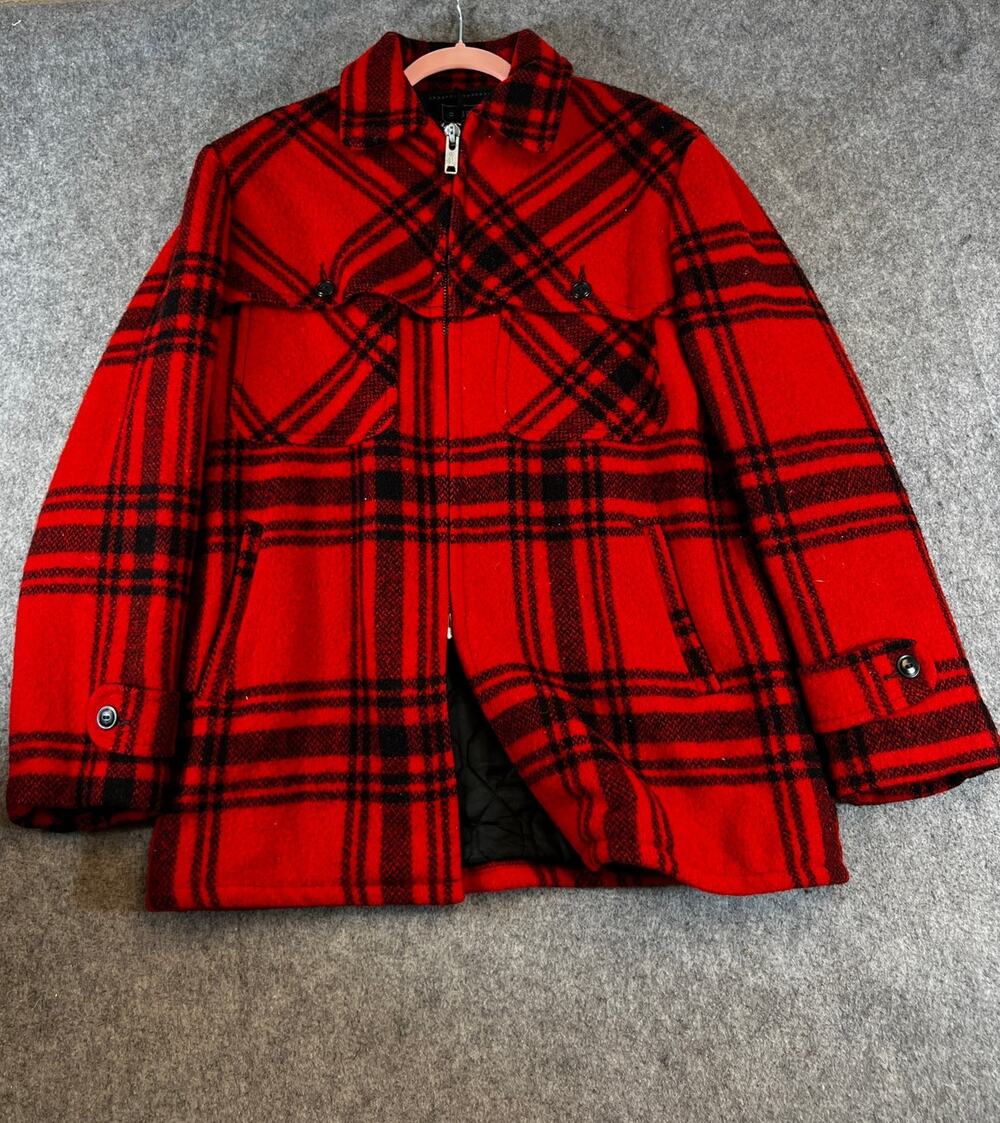 VINTAGE 60s Brent Jacket Mens Medium Red Buffalo Plaid Wool Full Zip Quilted 70s